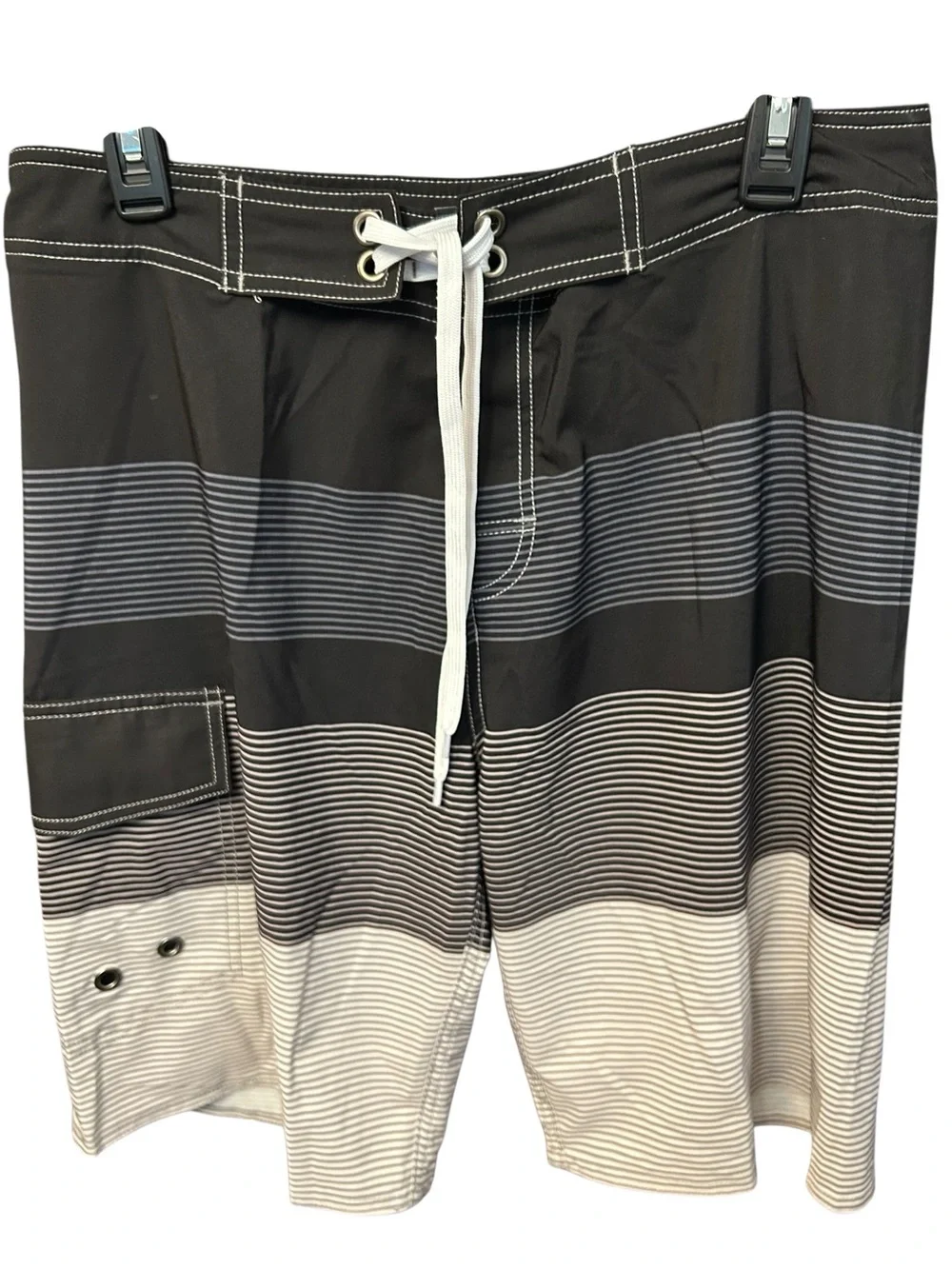 Men's Black & Gray Striped Swim Trunks w liner SZ 32 EUC Resortwear Vacation